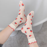 5 Pairs Women'S Knee-Length Socks, Summer Thin Polyamide 100% Crystal Sheer Socks with Lettuce Trim, Fruit & Vegetable Pattern, Cherry & Strawberry Design, Knit Fabric, Machine Washable - KawaSocks